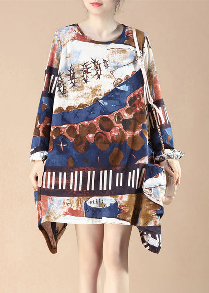 Blue Print Pockets Patchwork Linen Dress O-neck Spring