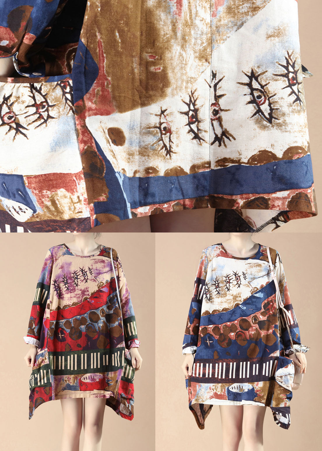 Blue Print Pockets Patchwork Linen Dress O-neck Spring