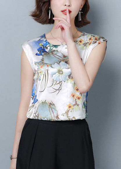 Blue Print Silk Blouse Top O-neck Slim Fit Short Sleeve