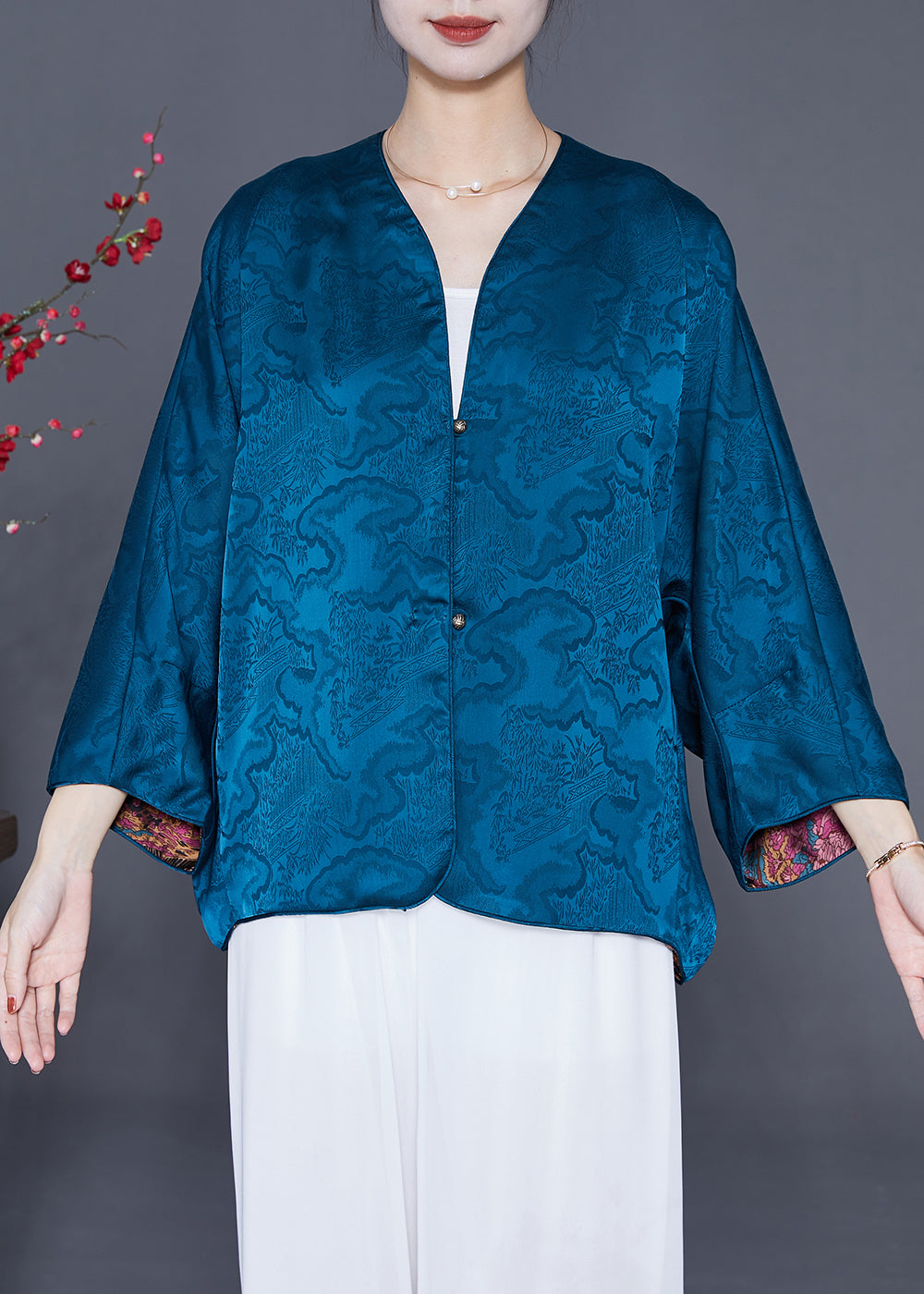 Blue Print Silk Loose Coat Wear on Both Sides Summer