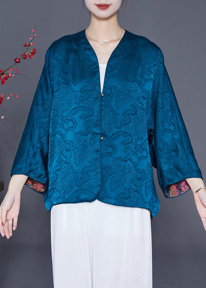 Blue Print Silk Loose Coat Wear on Both Sides Summer
