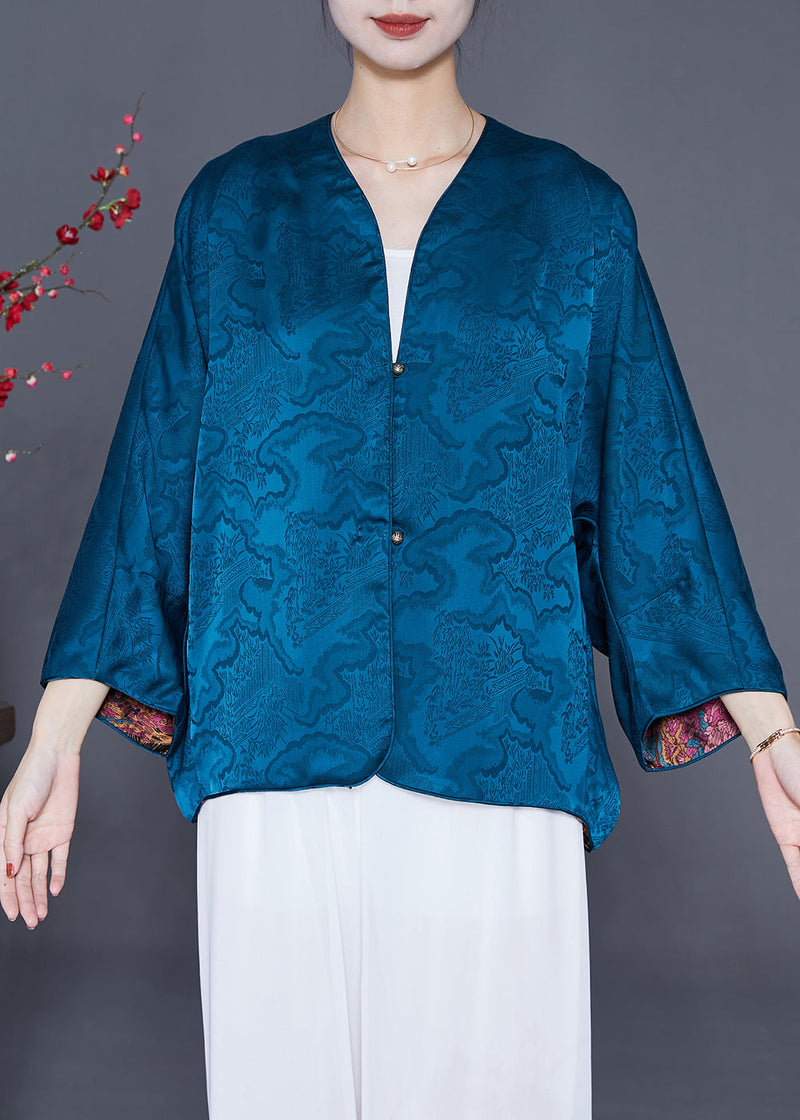 Blue Print Silk Loose Coat Wear on Both Sides Summer
