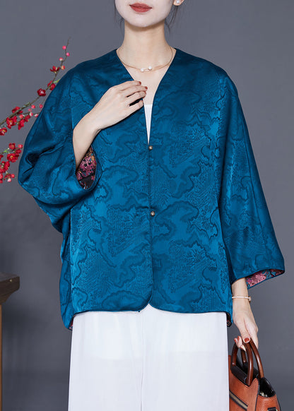 Blue Print Silk Loose Coat Wear on Both Sides Summer