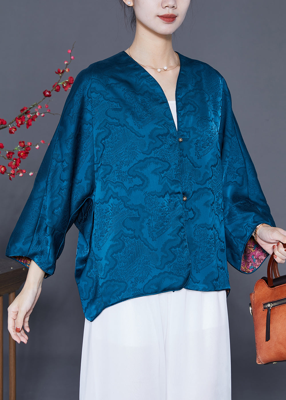 Blue Print Silk Loose Coat Wear on Both Sides Summer