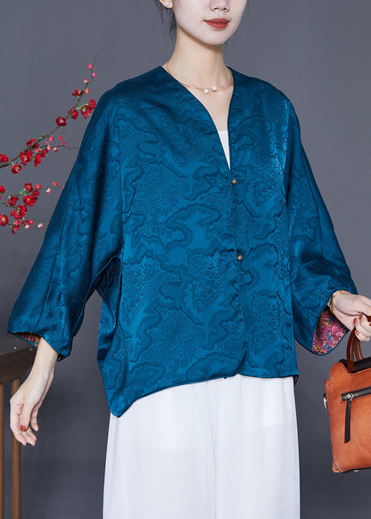 Blue Print Silk Loose Coat Wear on Both Sides Summer