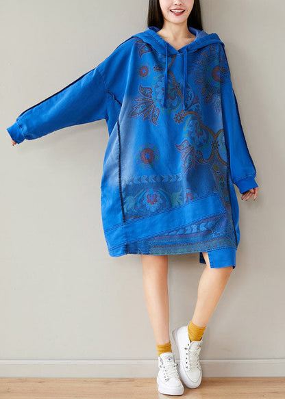 Blue Print Sweatshirts Dresses Drawstring Asymmetrical Spring
