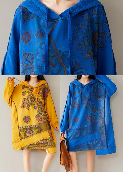 Blue Print Sweatshirts Dresses Drawstring Asymmetrical Spring