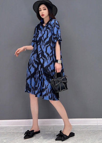 Blue Print Tops and Shorts Two Piece Suit Set Asymmetrical Side Open Summer