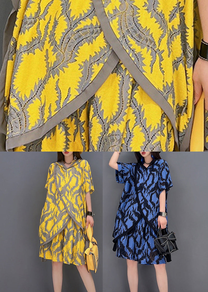 Blue Print Tops and Shorts Two Piece Suit Set Asymmetrical Side Open Summer