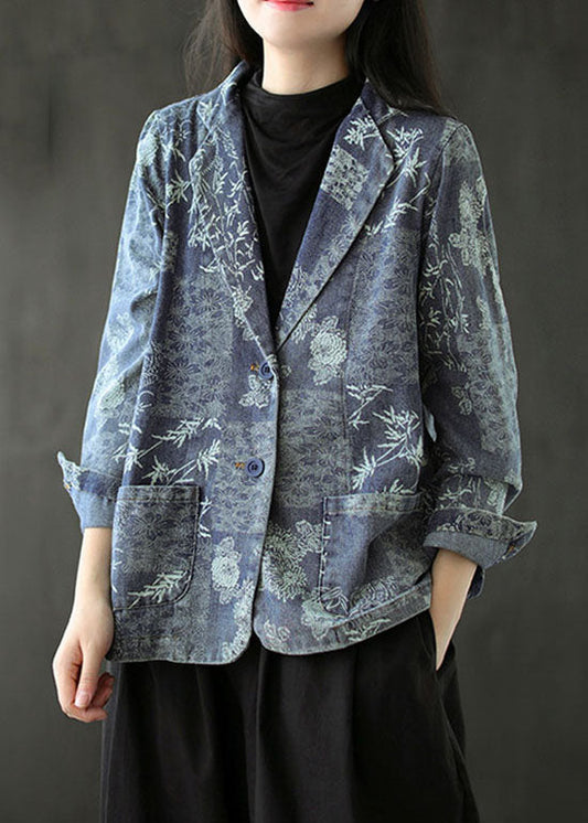 Blue Print Western-style Clothes Coat Pocket Long Sleeve