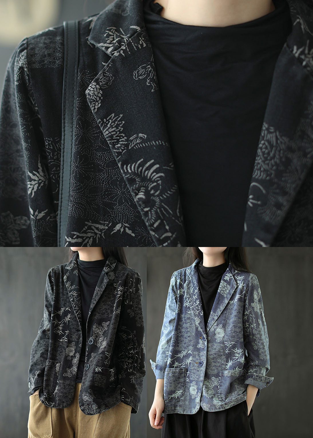 Blue Print Western-style Clothes Coat Pocket Long Sleeve
