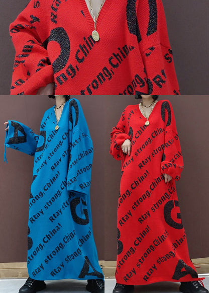 Blue Print Loose Knit Sweater Long Dress Spring