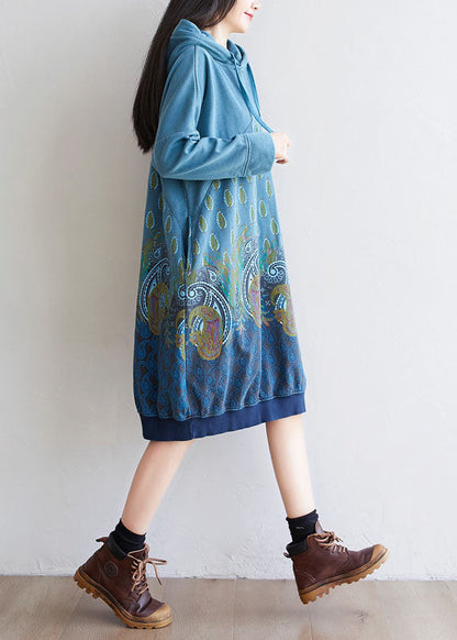 Blue Pullover Dresses Drawstring Hooded Spring
