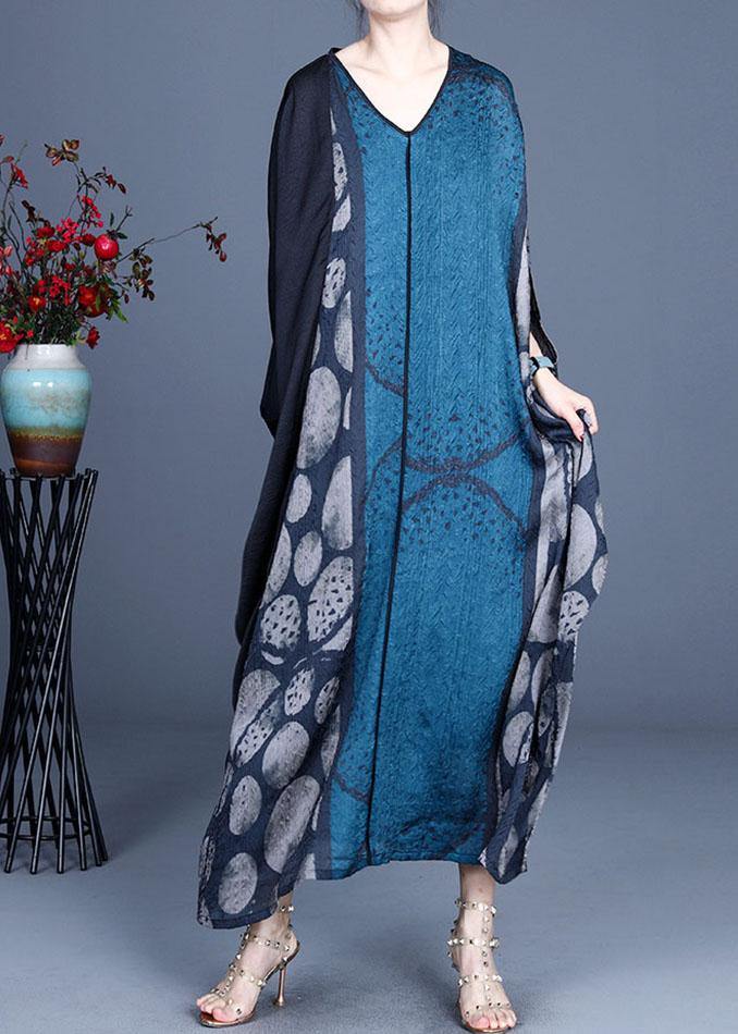 Blue Retro V Neck Patchwork Summer Robe Dresses Bat Wing Sleeve
