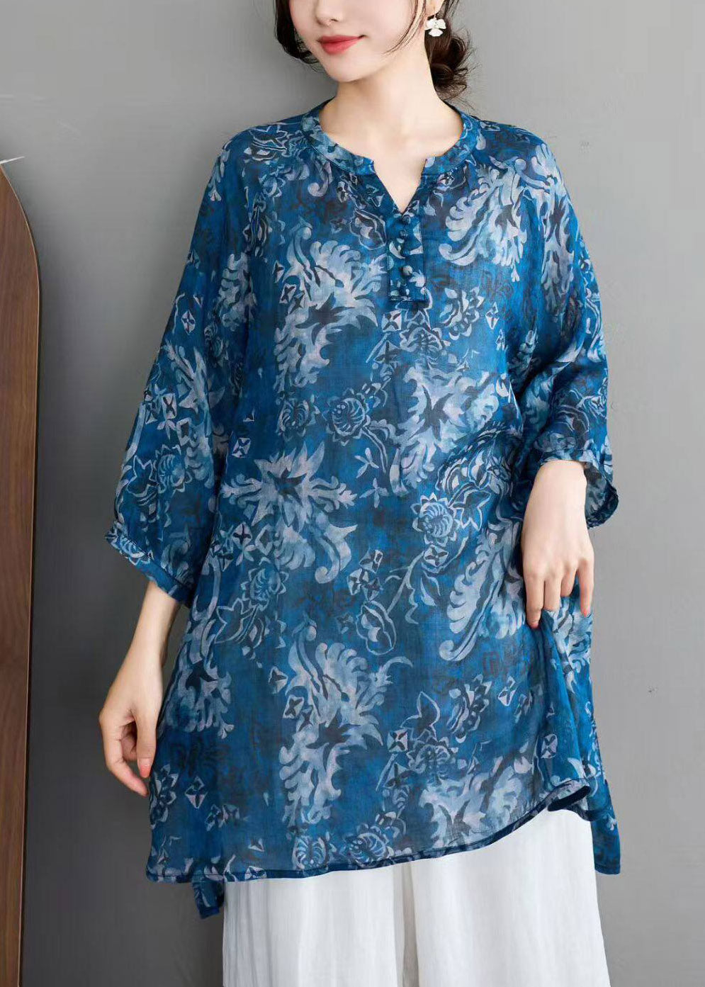 Blue Side Open Long Linen Shirts Fall