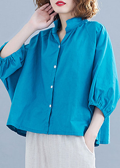 Blue Color Cotton Loose Blouses Stand Collar Lantern Sleeve
