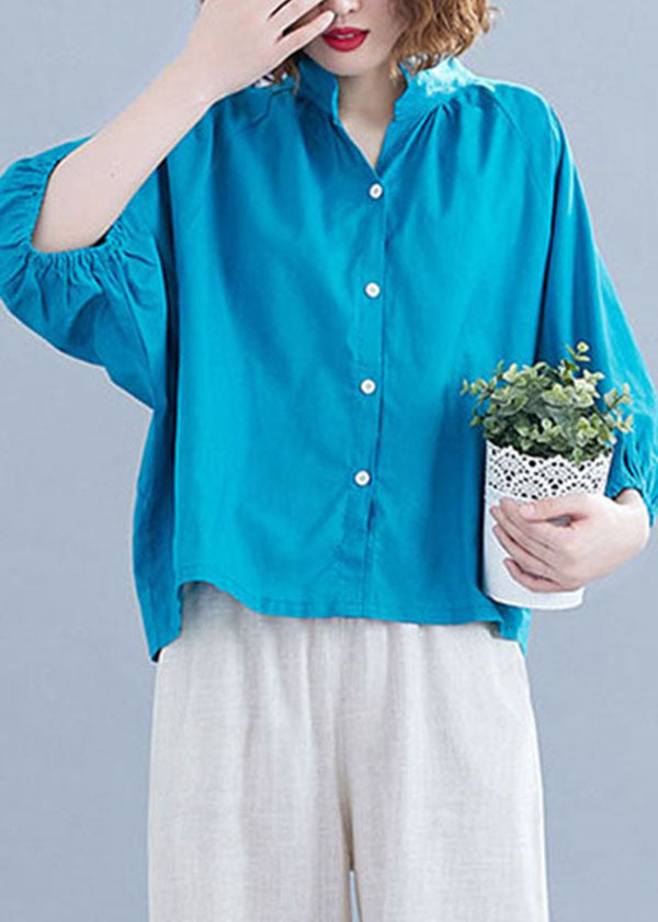 Blue Color Cotton Loose Blouses Stand Collar Lantern Sleeve