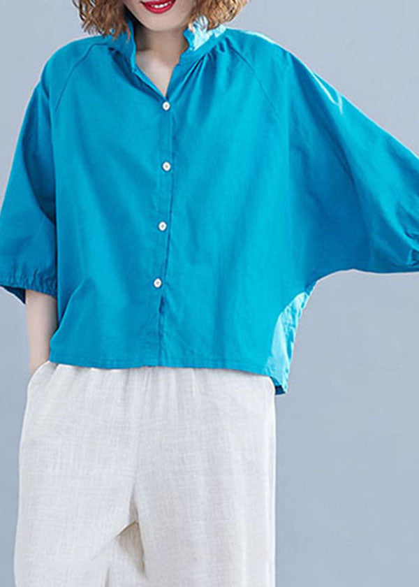 Blue Color Cotton Loose Blouses Stand Collar Lantern Sleeve