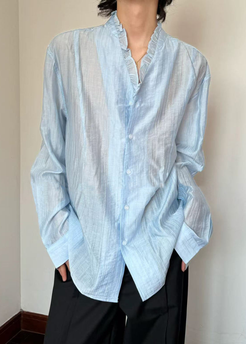 Blue Cotton Fall Shirts Ruffled