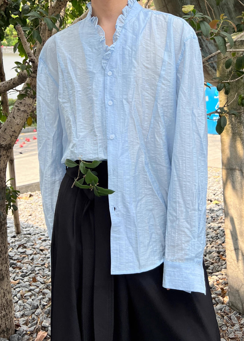 Blue Cotton Fall Shirts Ruffled
