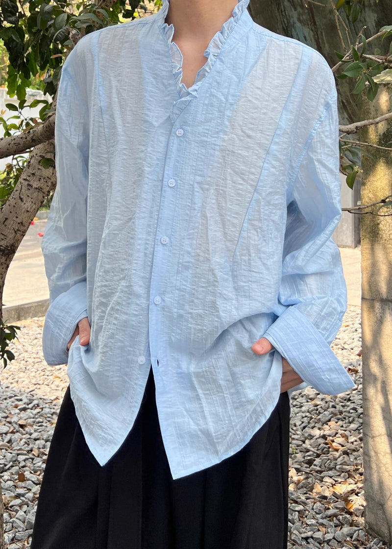 Blue Cotton Fall Shirts Ruffled