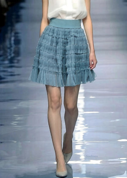 Blue Elastic Waist Tulle Skirt Wrinkled