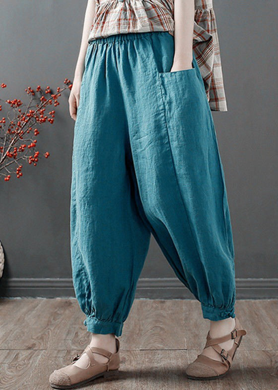 Blue Loose Cotton Crop Pants High Waist Summer