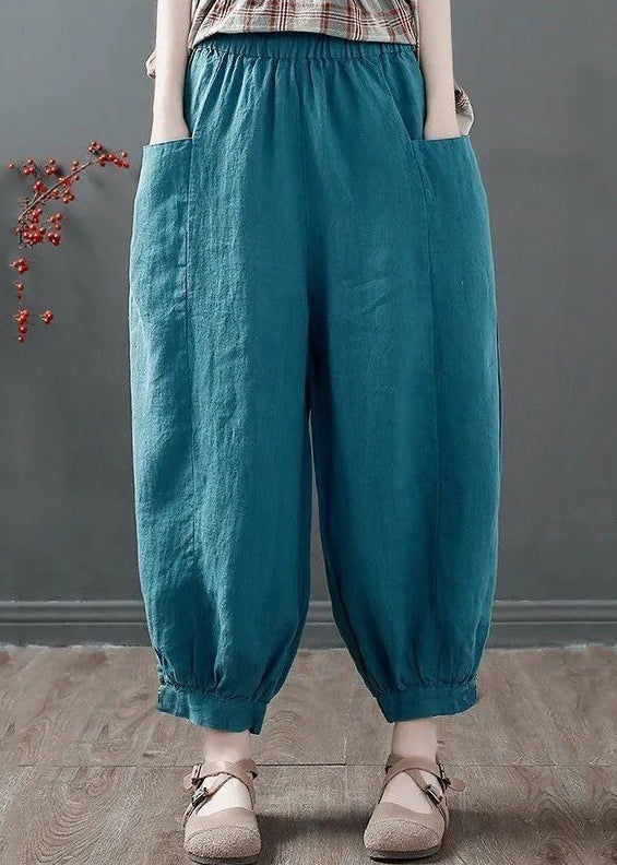 Blue Loose Cotton Crop Pants High Waist Summer
