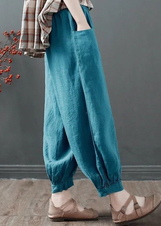 Blue Loose Cotton Crop Pants High Waist Summer