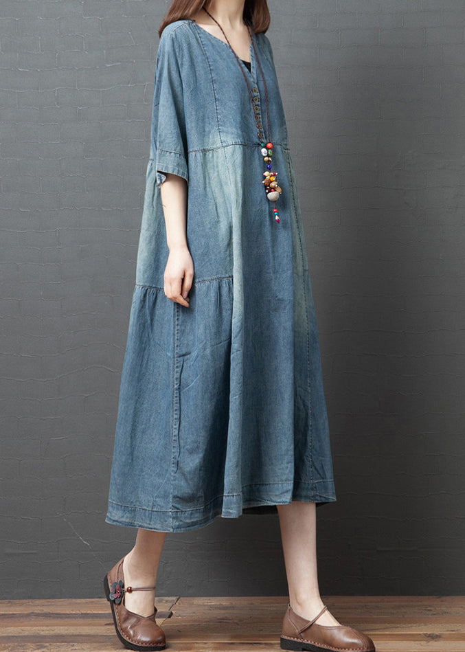 Blue Patchwork Cotton Denim Dresses Button Half Sleeve