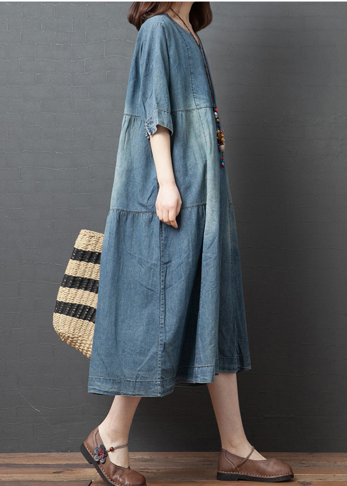 Blue Patchwork Cotton Denim Dresses Button Half Sleeve1