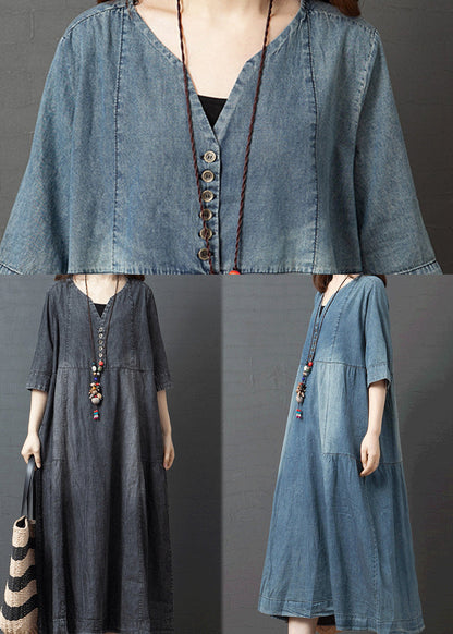 Blue Patchwork Cotton Denim Dresses Button Half Sleeve1