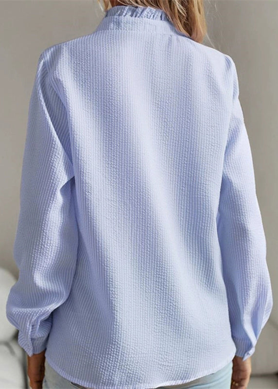 Blue Solid Shirt Ruffled Patchwork Puff Sleeve