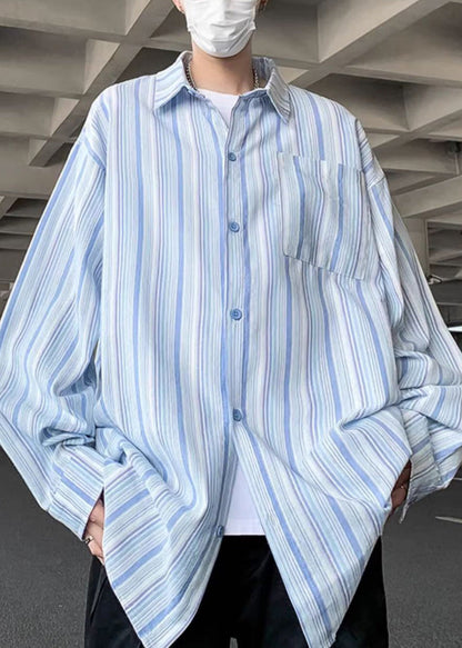 Blue Striped Button Cotton Men Shirts Peter Pan Collar Spring