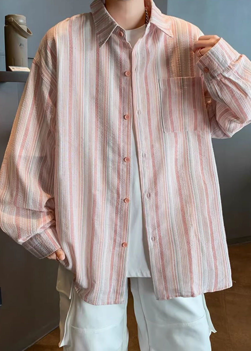 Blue Striped Button Cotton Men Shirts Peter Pan Collar Spring