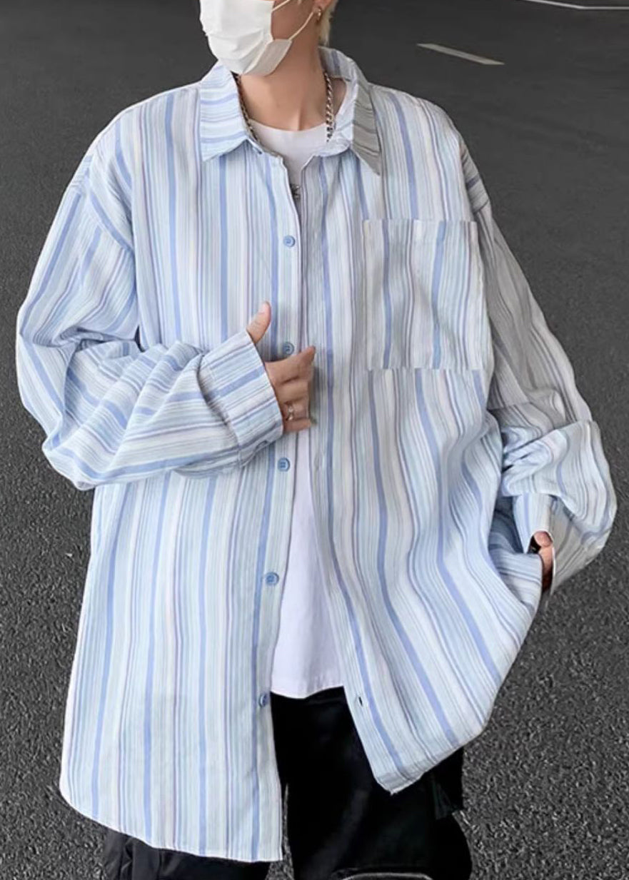 Blue Striped Button Cotton Men Shirts Peter Pan Collar Spring