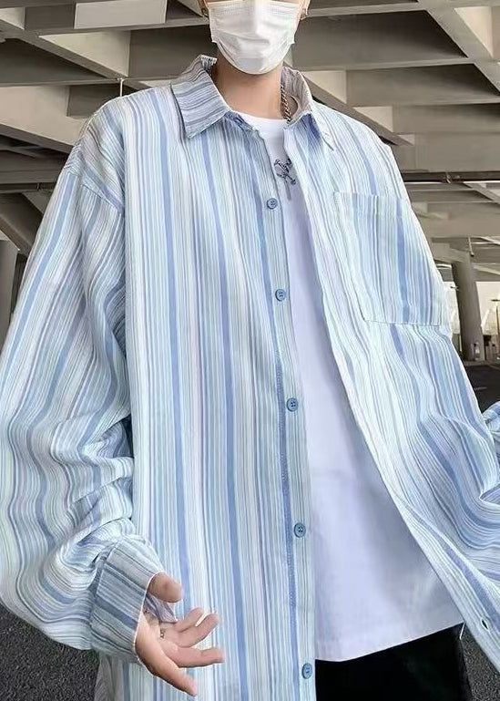 Blue Striped Button Cotton Men Shirts Peter Pan Collar Spring