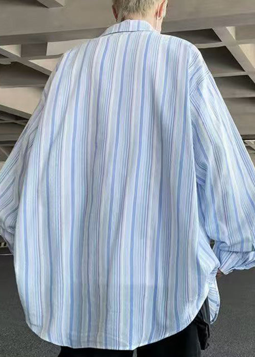 Blue Striped Button Cotton Men Shirts Peter Pan Collar Spring
