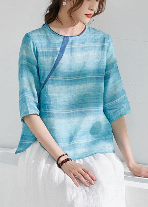 Blue Striped Chinese Style O-neck Summer Ramie Blouse Half Sleeve