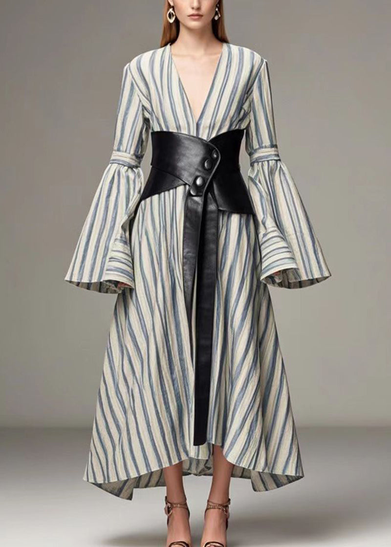 Blue Striped Cotton Cinched Dresses Deep-v Neck Flare Sleeve
