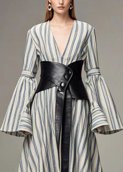 Blue Striped Cotton Cinched Dresses Deep-v Neck Flare Sleeve