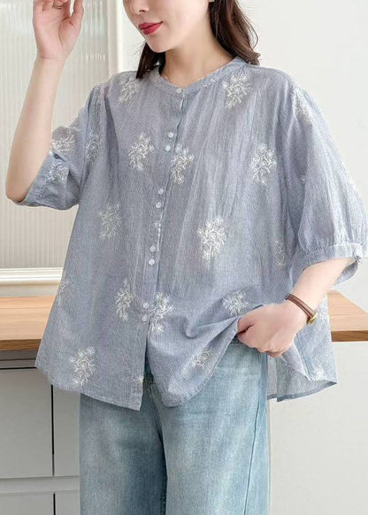 Blue Striped Cotton Loose Shirt Embroidered Summer