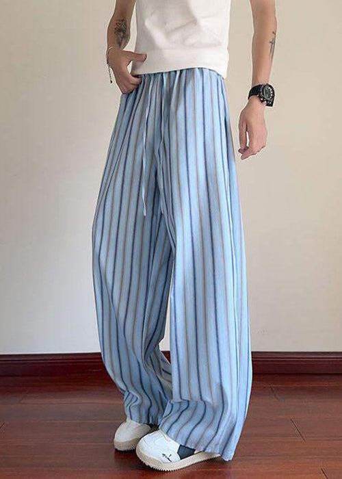Blue Striped Lace Up Cotton Summer Pants Elastic Waist