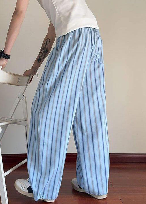 Blue Striped Lace Up Cotton Summer Pants Elastic Waist