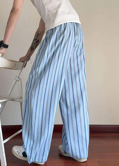 Blue Striped Lace Up Cotton Summer Pants Elastic Waist
