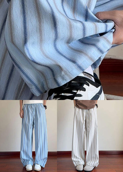 Blue Striped Lace Up Cotton Summer Pants Elastic Waist