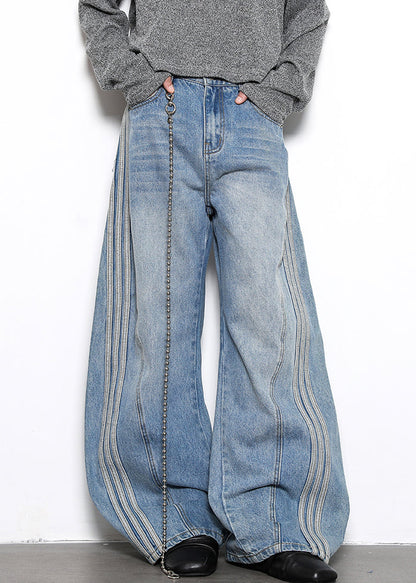 Blue Striped Patchwork Denim Wide Leg Pants High Waist