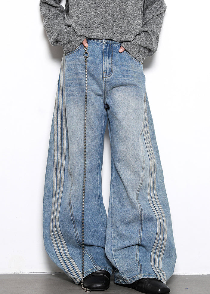 Blue Striped Patchwork Denim Wide Leg Pants High Waist