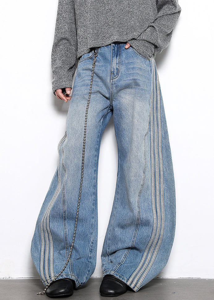 Blue Striped Patchwork Denim Wide Leg Pants High Waist