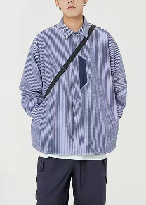 Blue Striped Pockets Cotton Shirts Peter Pan Collar Spring